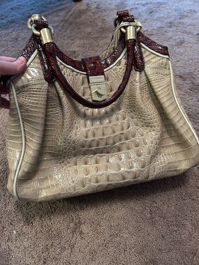 Brahmin Beige Croc-Embossed Shoulder Bag with Brown Trim